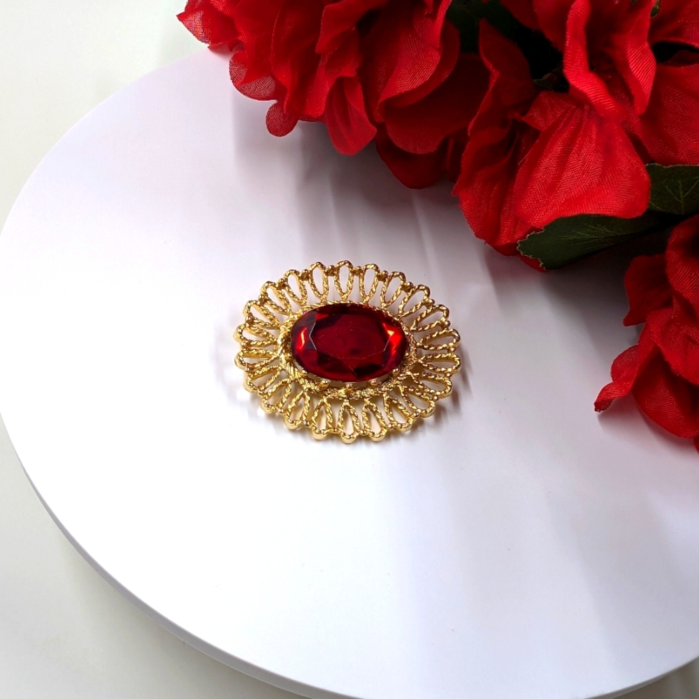 Bright Red Crystal and Ornate Vintage Brooch